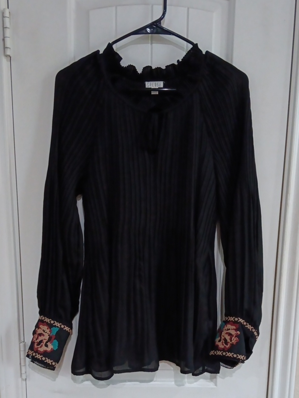 Spense Black Pleated Blouse Cross Stitch Embroidered Cuffs Size L